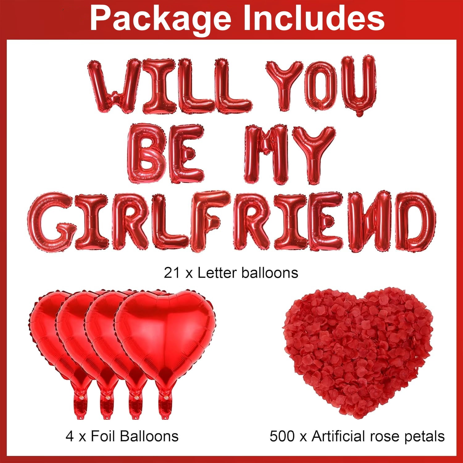 Boriyuan Will You Be My Girlfriend Balloons Set - 16'' Balloon Letters, 18'' Heart Shaped Balloons with 500 Pcs Artificial Rose Petals for Valentine Day Wedding Party Romantic Decorations (Red)