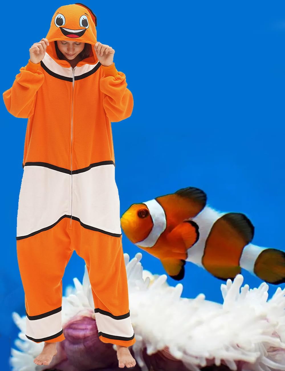 Clownfish Costume Adult Animal Onesie Pajamas Halloween Cosplay Hooded Homesuit Jumpsuit for Women Men
