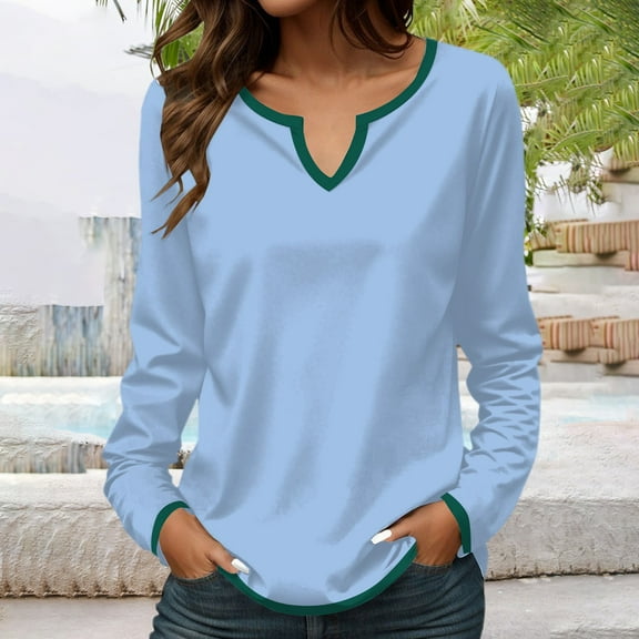 HLKJKLS Long Sleeve Shirts For Women Contrast Solid Color V Neck Long Sleeve Shirt Polyester Spandex Slim Fit Blue S-3Xl