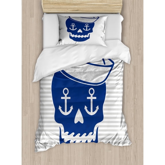 Skull Duvet Cover Set Twin Size, Nautical Anchor and Captains Hat Motifs on Greyscale Grunge Stripes, Decorative 2 Piece Bedding Set with 1 Pillow Sham, Persian Blue Grey and White, by Ambesonne