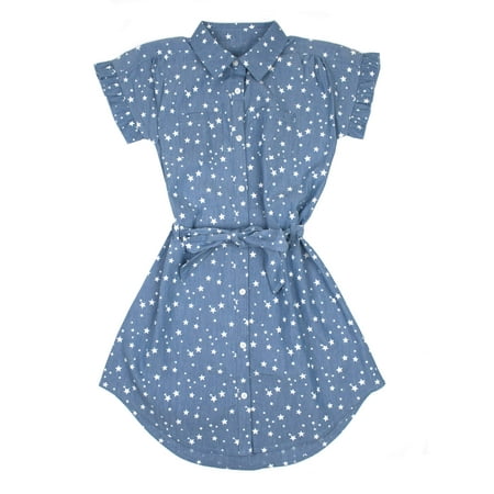 Star Print Chambray Belted Dress (Little Girls & Big Girls)
