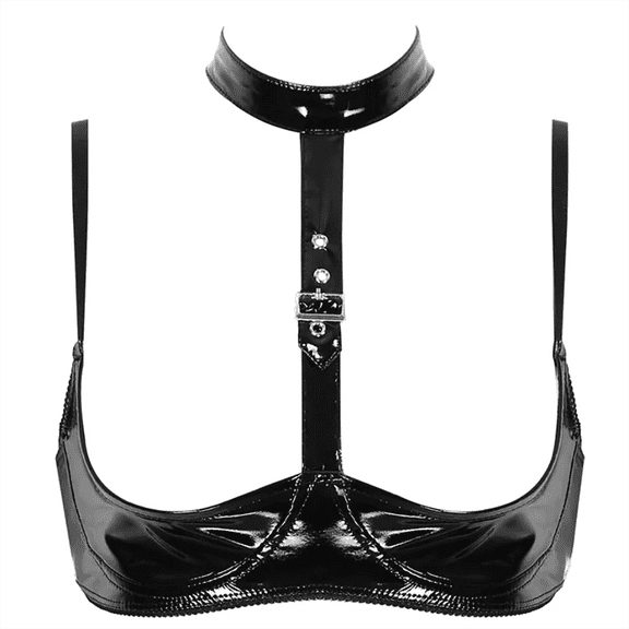 Women Shiny Leather Bra, Glossy PVC Leather, Hot Breast Exposed, Wetlook Latex Lingerie