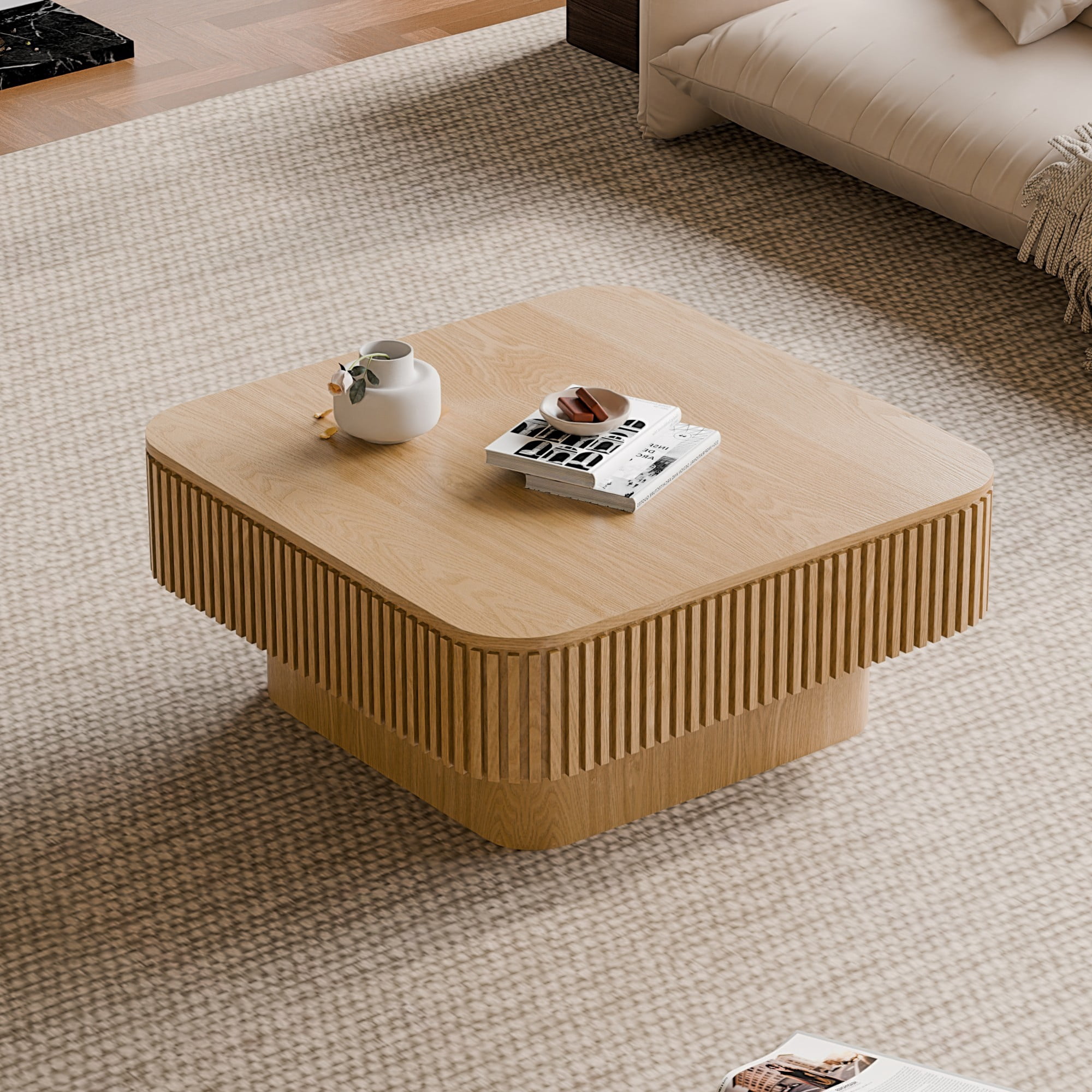 31.5" Square Coffee Table with Storage, Modern Fluted Coffee Table with Hidden Compartment, Wood Veneer Center Table for Living Room, Natural