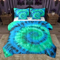 Homewish Colorful Tie-Dye 7 Pieces Bedding Comforter Set,Modern Graffiti Artistic Full Bedding Set,Green Blue Fitted Sheet Flat Sheet For Adults,Luxury Bedroom Decor Reversible