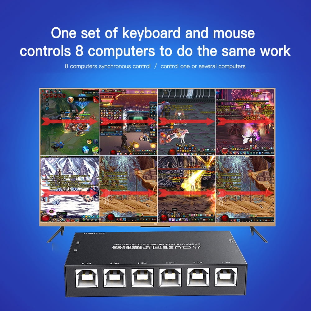AIMOS 8 Ports USB Synchronizer USB Keyboard Synchronization Controller KVM Switcher Metal Shell and Play Black