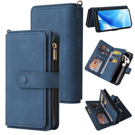 Dteck OnePlus Nord N200 5G Case, Heavy Duty 15 Card Slots Large Capacity Zipper Pocket 2 in 1 Wallet Phone Case for OnePlus Nord N200 5G, Blue