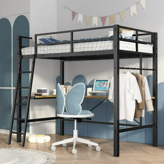 [Luckynote]Twin Metal Loft Bed with L-Shaped Desk, Charging Station Loft Bed Frame Twin Size, Safety Guard & Ladder, No Box Spring Needed, Black