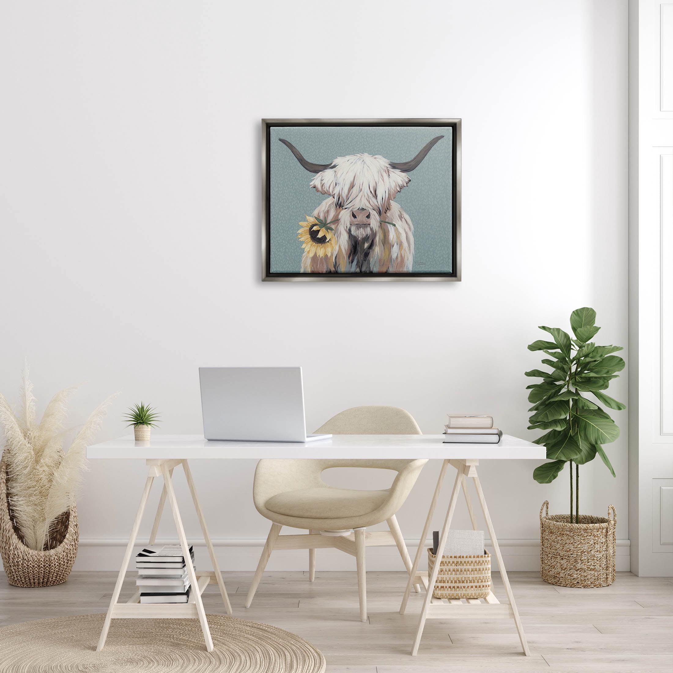 Stupell Industries Highland Cattle Biting Sunflower Bloom Painting Luster Gray Floating Framed Canvas Print Wall Art, Design by Michele Norman