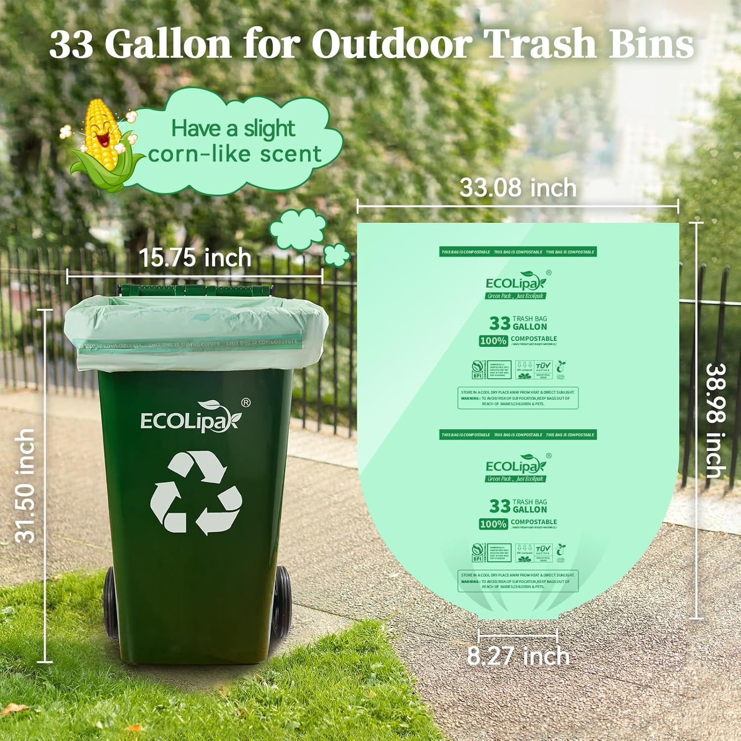 33 Gallon Compostable Trash Garbage Bags, 25 Count (1 Roll) Biodegradable Heavy Duty Large Outdoor Trash Bags for Lawn/Yard, US BPI AS D6400 and OK Compost Home Certified