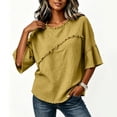 thumbnail image 3 of Lenpel Cotton Linen Shirts for Women Crew Neck Half Sleeve Boho Tops Casual Vintage Frayed Blouses Beach Vacation Clothes, 3 of 5