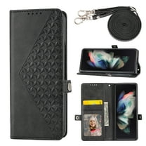 ELEHOLD Luxury Leather Wallet Case for Samsung Galaxy Z Fold 4 with Card Slots Kickstand Function Magnetic Detachable Shoulder Strap for Z Fold 4-Black