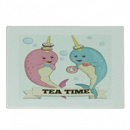 

Narwhal Cutting Board Tea Drinking Whales Ocean Unicorn with Abstract Bubbles Backdrop Decorative Tempered Glass Cutting and Serving Board Small Size Pale Pink Pale Blue by Ambesonne