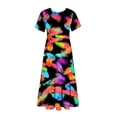 thumbnail image 4 of Jusqu'à 65 % de Réduction! Robes d'Été Mode pour Femmes 2024 Grande Taille Décontractée Manches Courtes Col Rond Robe Fluide à Étages Robe de Plage avec Poches Imprimé Plumes, 4 of 6