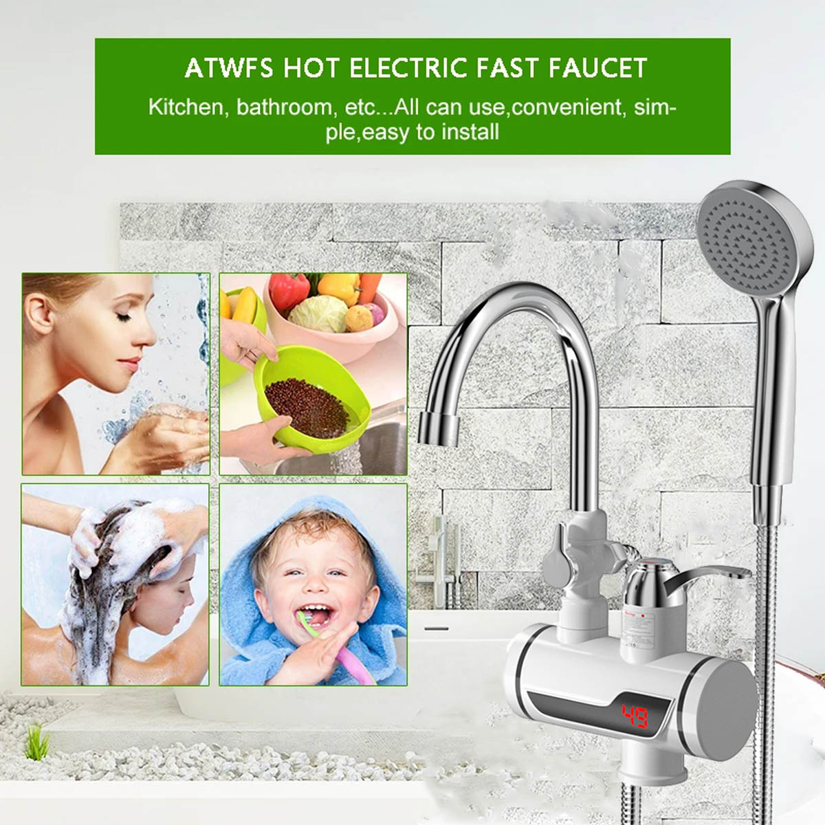 Ifcow Electric Shower Water Heater Instant Hot Water Faucet 360° Rotating Fast Heating Water Tap Tankless Water Heater with LED Display & Hose, Complete Shower Set