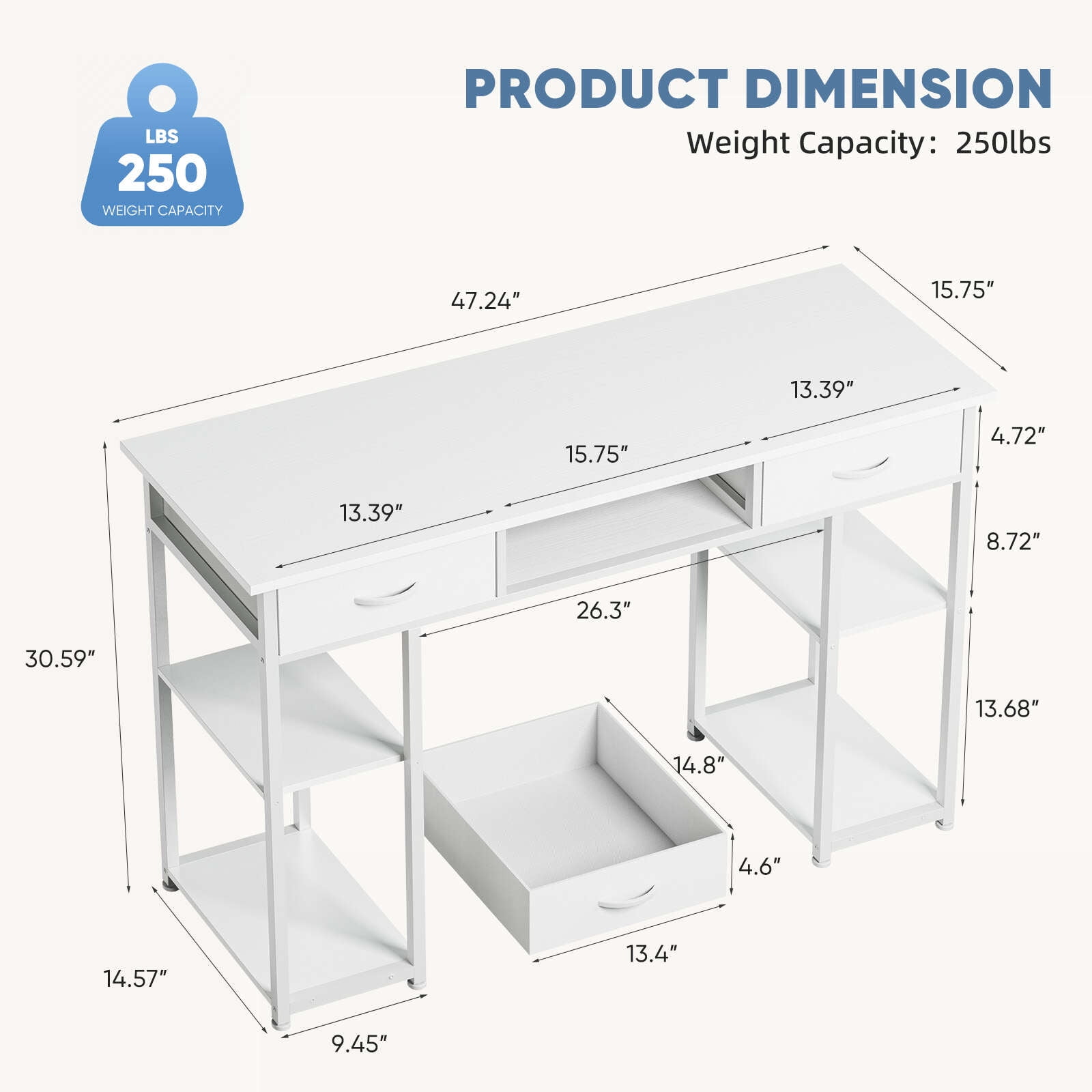Gianna 48 Inch Desk with 2 Drawers Home Office Computer PC Table, Study Writing Wood Deskboard for Small Spaces,White