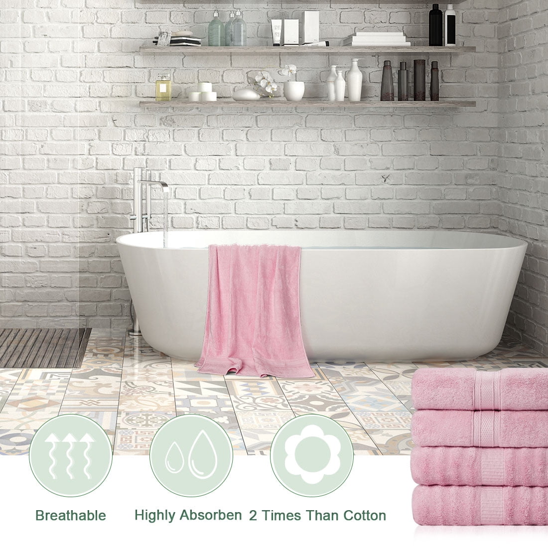 PiccoCasa 4Pcs Bamboo Cotton Bath Towels Soft Absorbent 27"x54" Pink