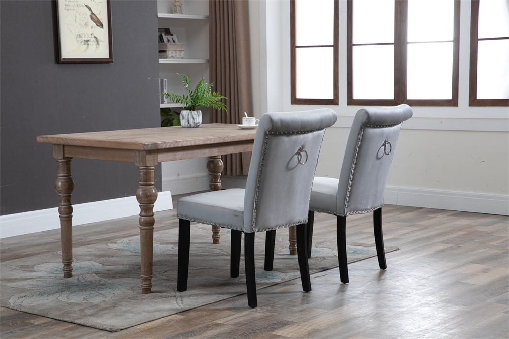 Lowestbest Velvet Fabric Home Chair, Dressing Stool Two Sets, Rubber Wood Legs Cushion Raw Cotton, Silver Gray