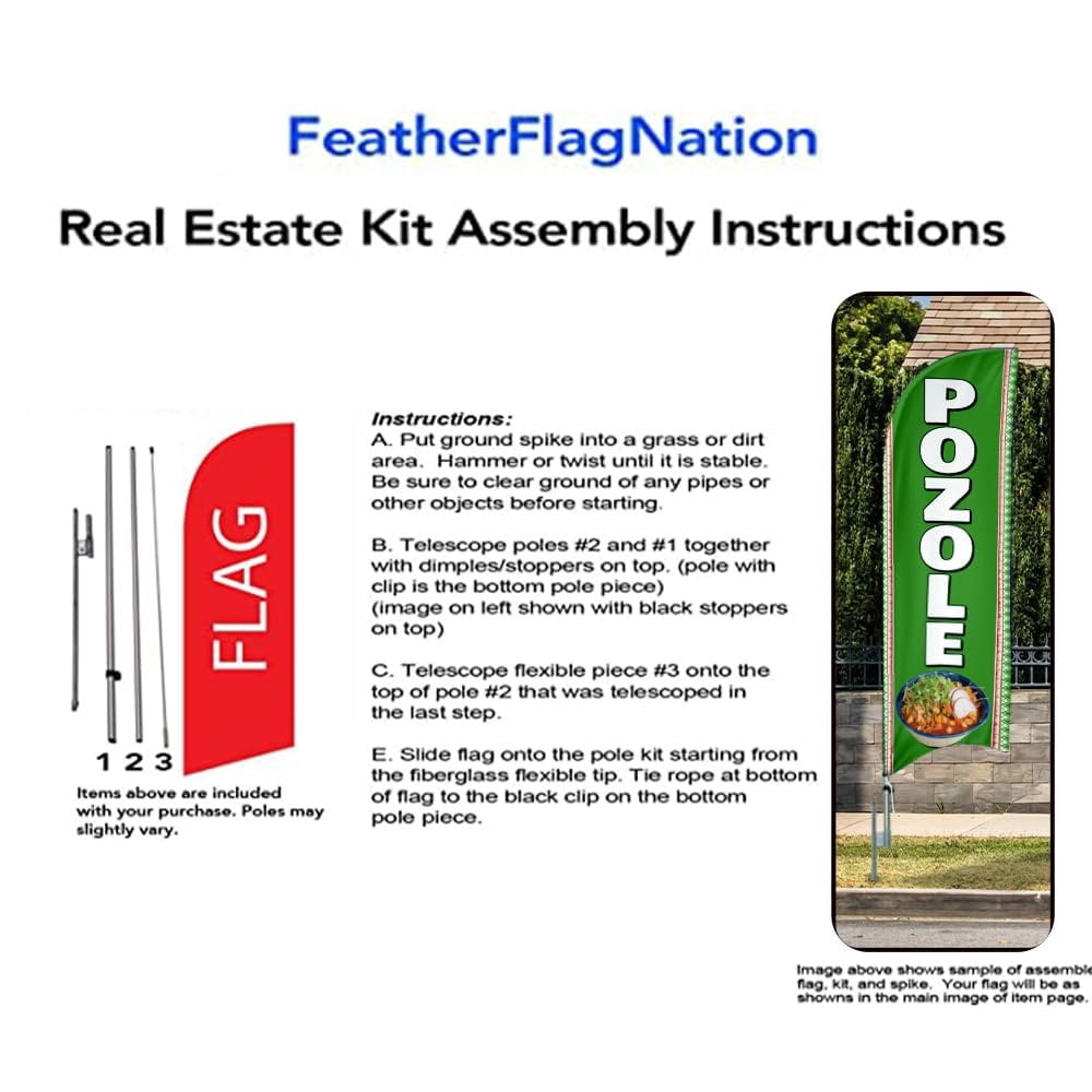 POZOLE 6 FT Swooper Feather Flag for Mexican Restaurants Business Advertising outdoor windless Banner with Complete 8FT pole kit and Ground Spike