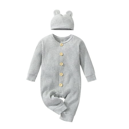 

Binpure Baby Romper with Hat Kids Solid Color O-Neck Long Sleeve Jumpsuit+ Cap for Spring Fall