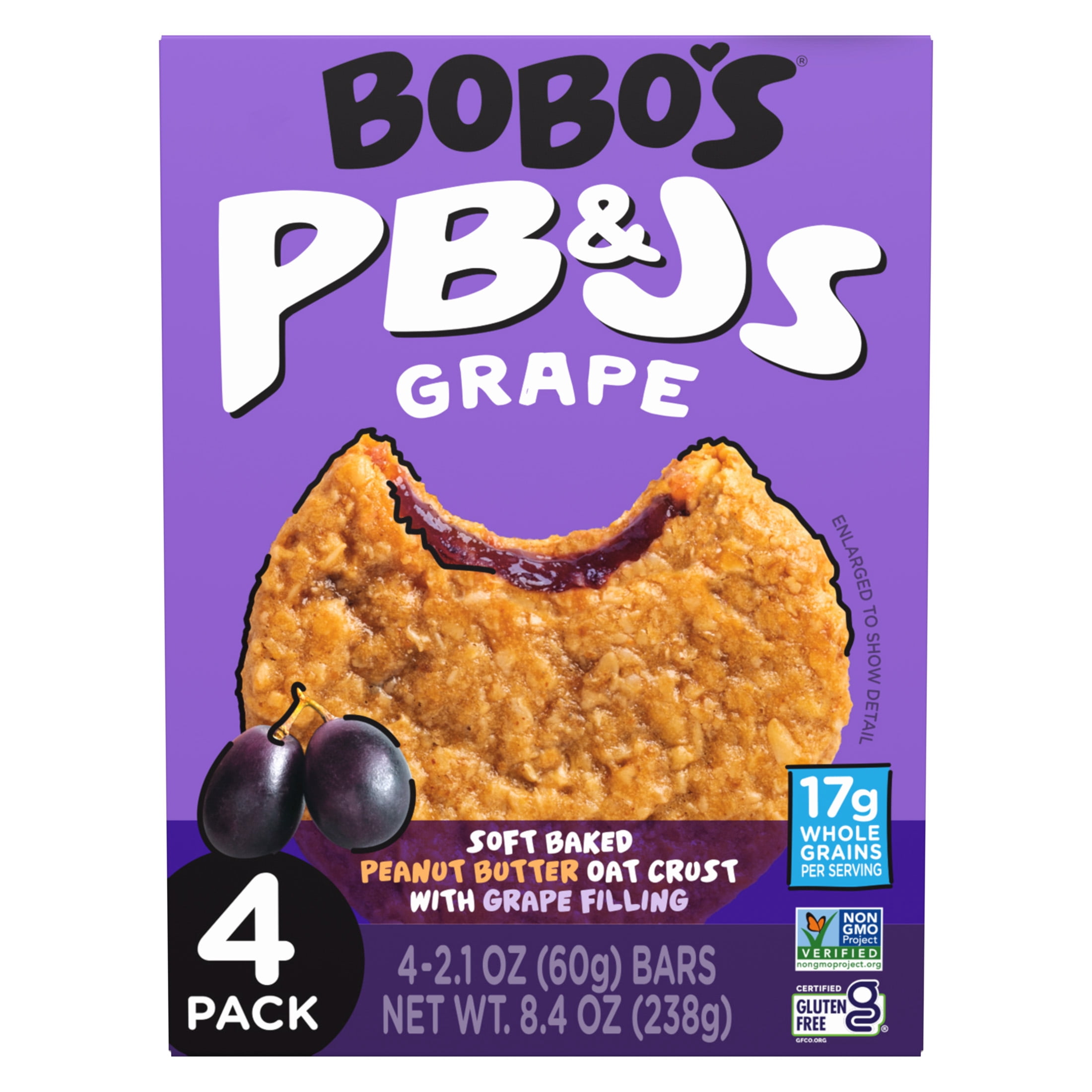 (6 pack) Bobo's PB&Js Grape, Peanut Butter Oat Crust Snack Bars, Gluten Free, 4 Count, 2.1 oz Each