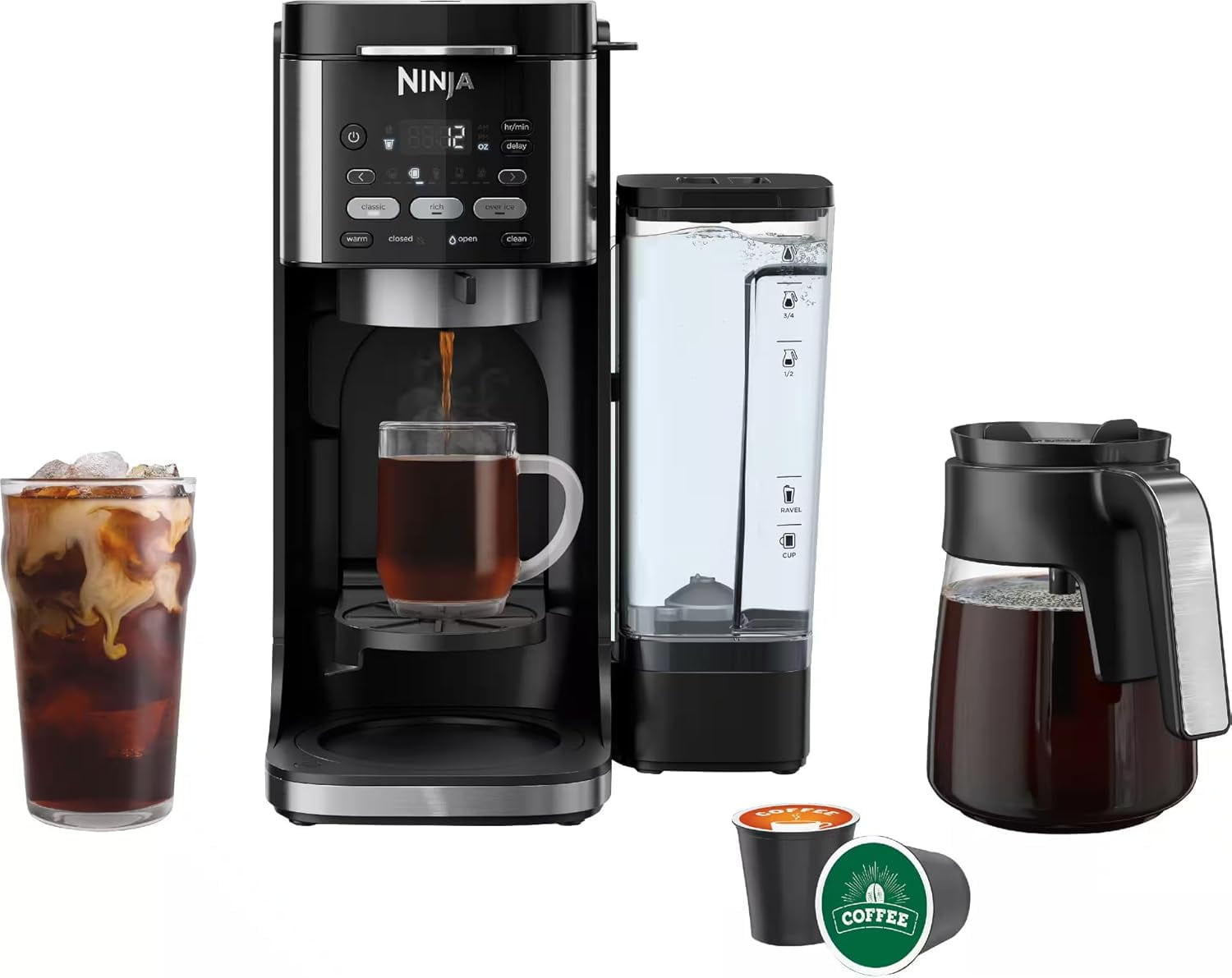 Restored Ninja DualBrew Hot & Iced Coffee Maker CFP150, Grounds & K-Cup Pod Compatible, Rapid Cold Brew, 12-Cup Glass Carafe, 9 Brew Sizes, 4 Brew Styles, 60oz Reservoir – (Refurbished)