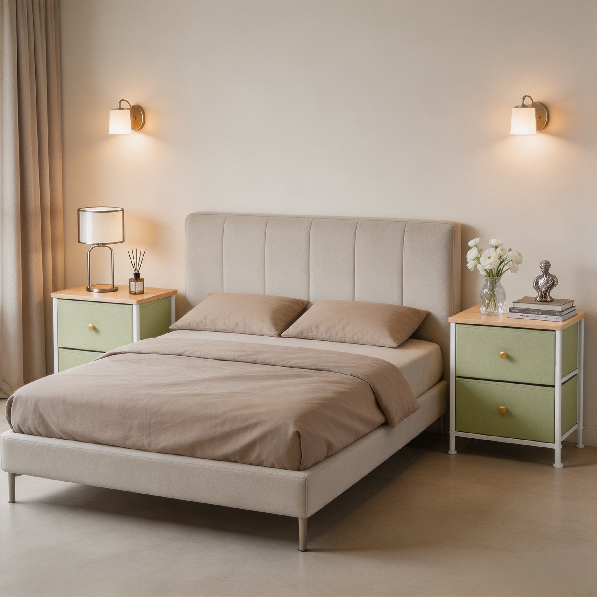 Double Drawer Bedside Table for Bedroom Living Room Storage