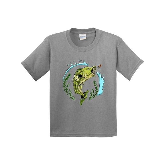 Inktastic Leaping Bass Fish Fishing Illustration Youth T-Shirt