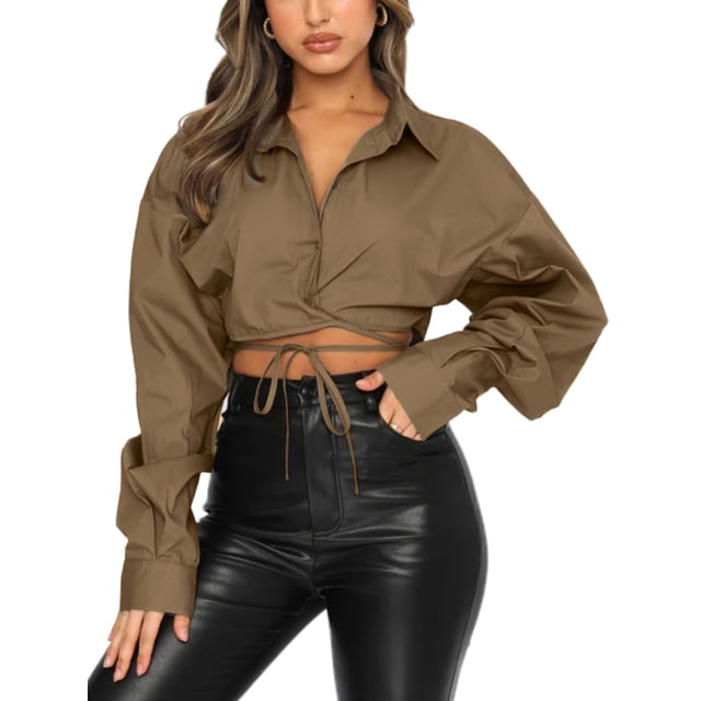 VISgogo - Cárdigan informal de manga larga para mujer, color sólido, con solapa, con botones en el ombligo expuesto VISgogo moda