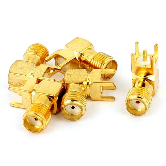 5pcs Gold Tone SMA Female to Male Plug 90 Degree Solder PCB Mount RF Connector