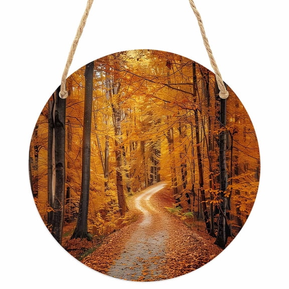 Orange Forest Round Front Door Welcome Sign, 7.8 Inch Wall Hanging Decor for Indoor Outdoor, Fall Tree Botanical Maple Leaf Home Porch Hanger Decorations for Holiday Gift