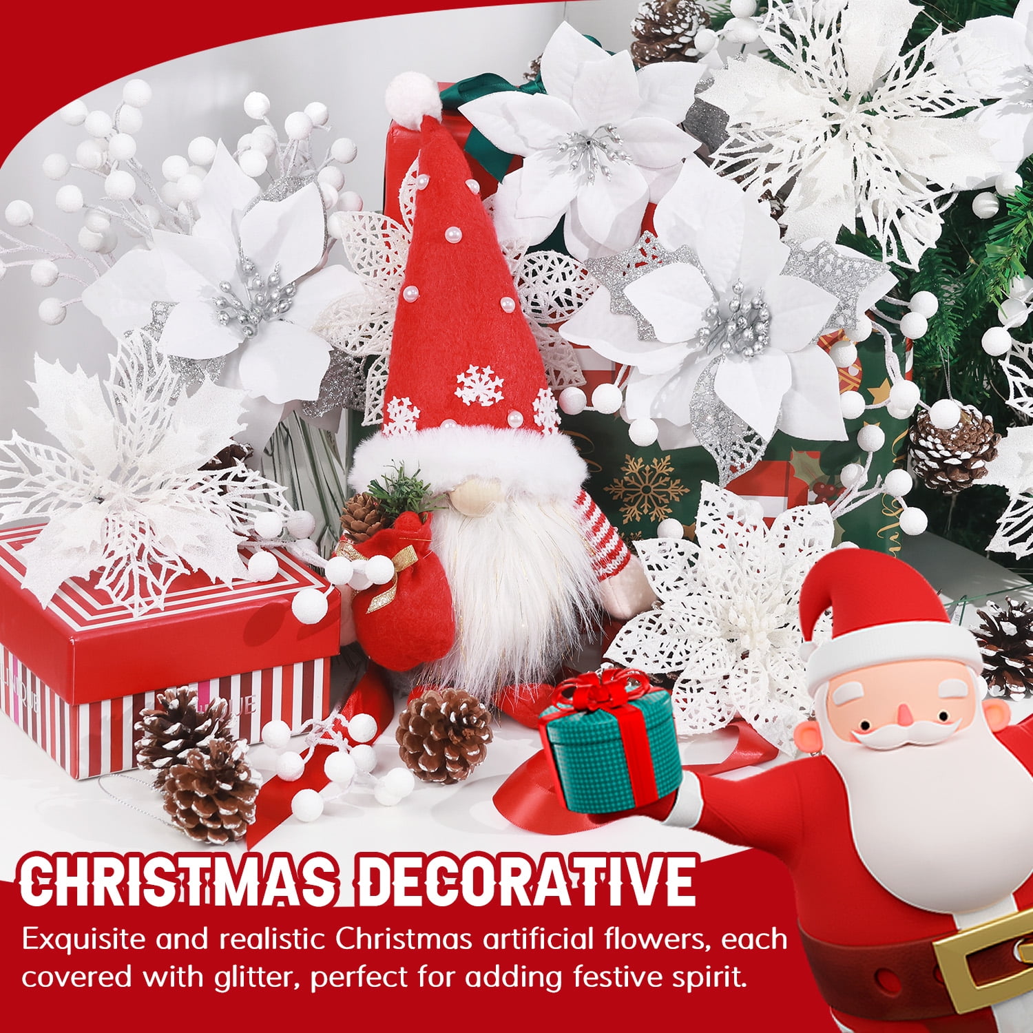 Ayieyill 56Pcs Poinsettia Christmas Flowers Decorations Christmas flower ornaments White Christmas Flowers Christmas Pine Cones Christmas Tree Ornaments Christmas Tree Decorations