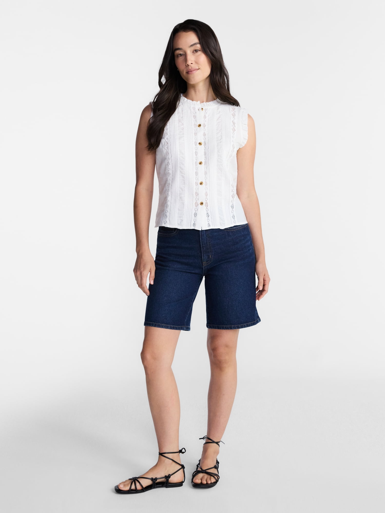 Time and Tru Women's Lace Inset Sleeveless Cotton Top, Sizes XS-XXXL