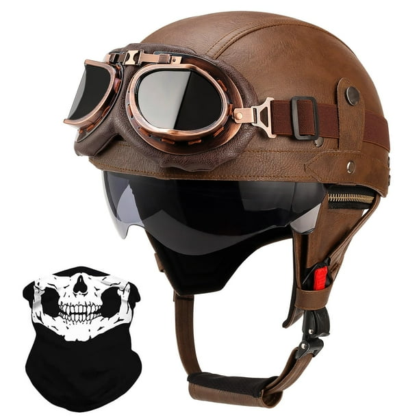 Medio casco de moto Lutcaut, estilo alemán, piel, color marrón