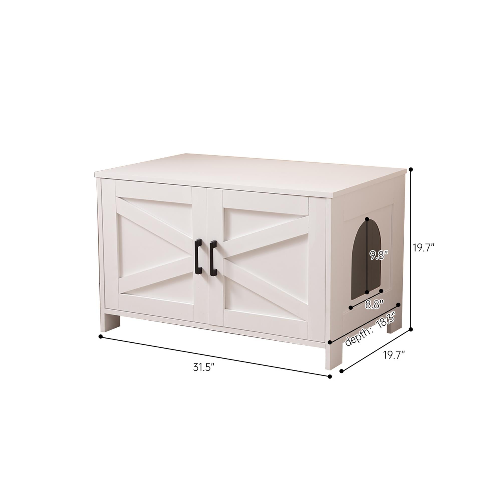Kadyn 31" Hidden Cat Litter Box Enclosure Furniture with Barn Door, Indoor Cat Washroom, Wooden Enclused Litter Box Cat House, White