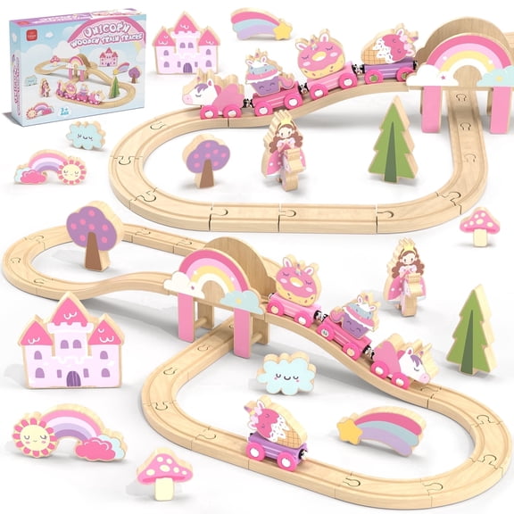 Train Set, Wooden Train Set for Kids, Train Toy for Girls Boys 2 3 4 5 Year, Unicorn Train Track Set with 4 Magnetic trains & Accessories, Compatible with Other Brands