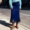 thumbnail image 4 of Women's Faux Suede Fringe Trim Skirt High Waisted Pencil Dressy Midi Skirts Vintage Tassell Long Skirt for Fall Winter, 4 of 6