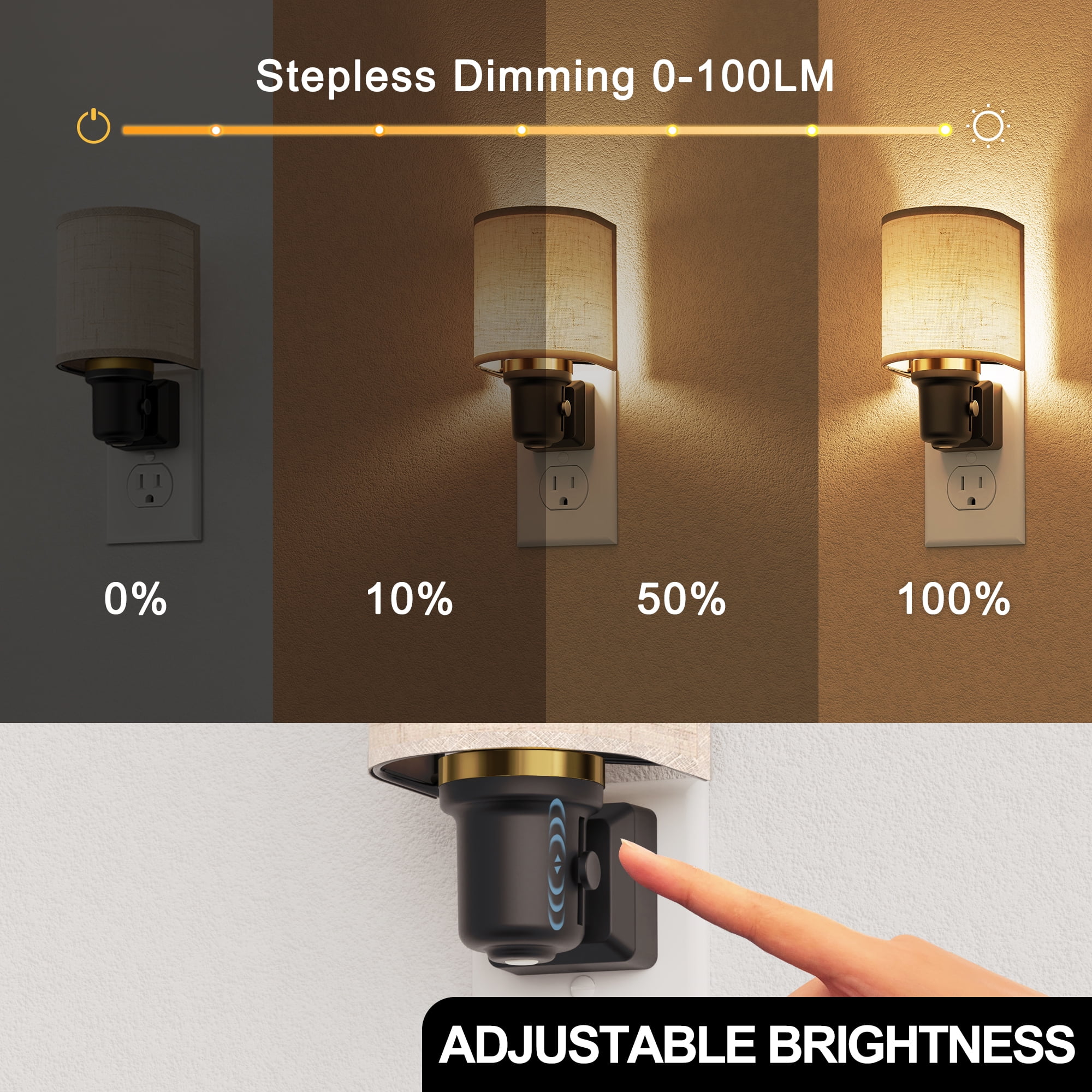 YANSUN 2 Pack 1 W Dimmable LED Plug-In Night Light with Metal Ring Fabric Shade Auto Dusk to Dawn Sensor Warm 2700K Up Glow
