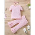 thumbnail image 2 of Franhais Toddler Long Pants Outfits, Solid Color Short Puff Sleeve T-Shirt + Elastic Flare Pants + Bow-Knot Hairpin Set, 2 of 9