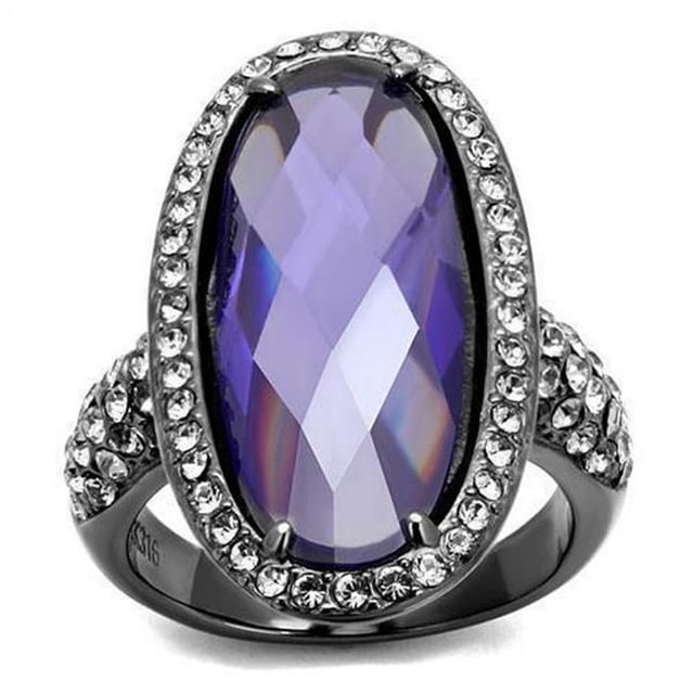 IP Light Black IP Gun Stainless Steel Ring with AAA Grade CZ, Tanzanite - Size 5