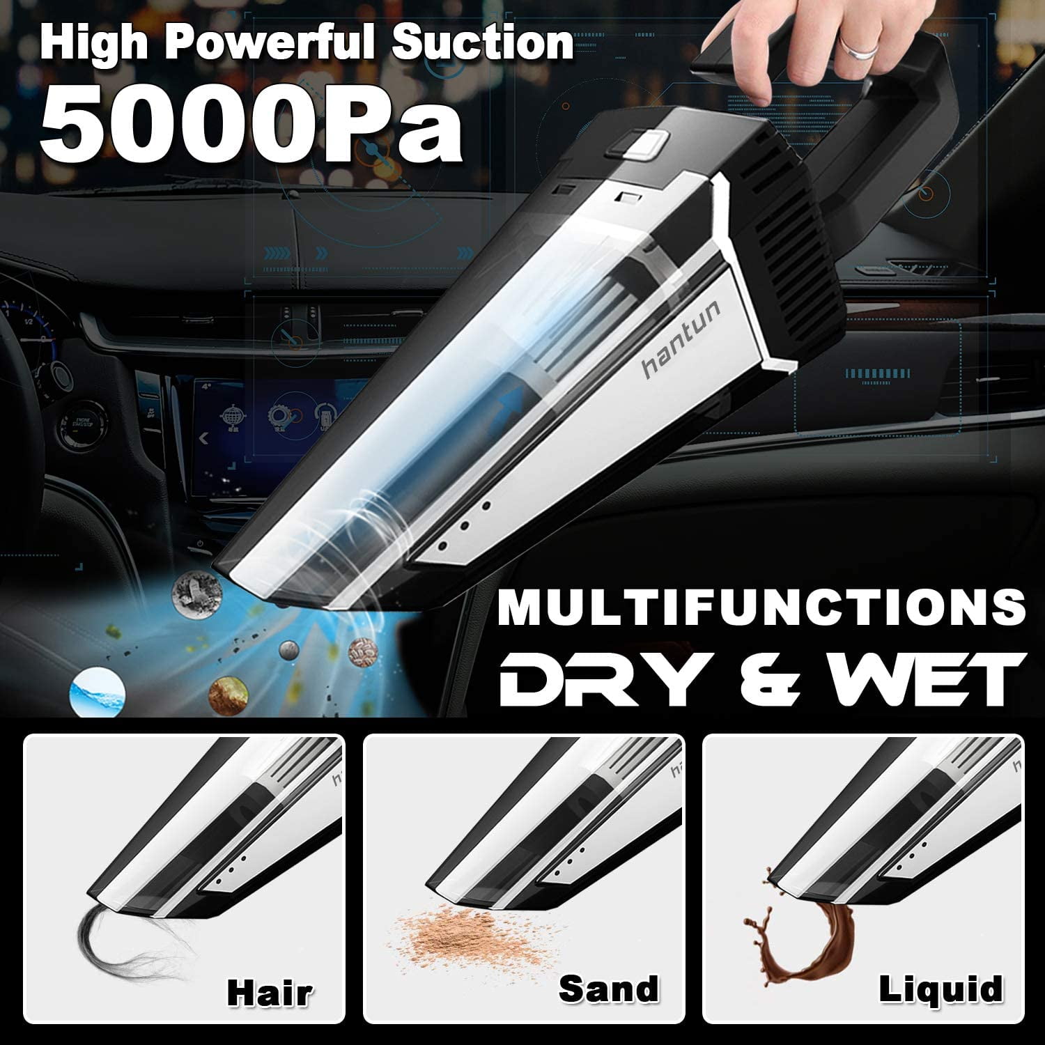 for Car Cleaning Car Vacuum Hantun Corded 12V 120W 5000Pa High Power Portable Handheld Vacuum Cleaner with 16.4FT Strong Aluminum Fan Power Cord 5M Wet/Dry Use 2 HEPA Filter 