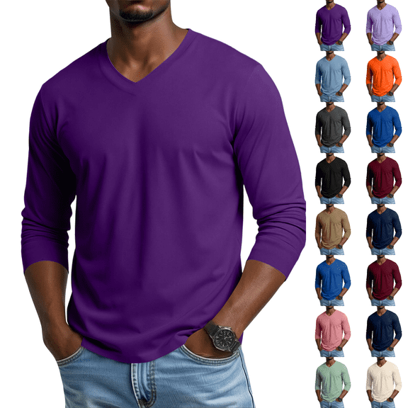 Men's V Neck Long Sleeve Shirts Casual T-Shirts Slim Fit Longline Tee Solid Color Soft Shirts Dark Purple L