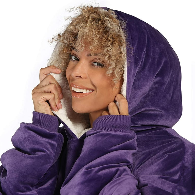 The Comfy Original Unisex Sherpa Lined Wearable Hoodie Blanket W Front Pocket Dark Purple