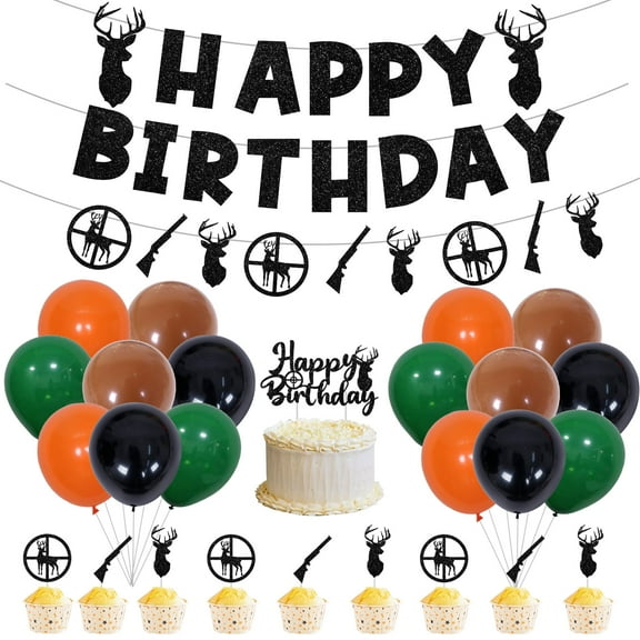 Deer Hunting Theme Birthday Party Decorations, Birthday Party Decors with Glitter Black Letter Birthday Banner, Cake Toppers, Deer Theme Party Supplies for Birthday Party, Baby Shower