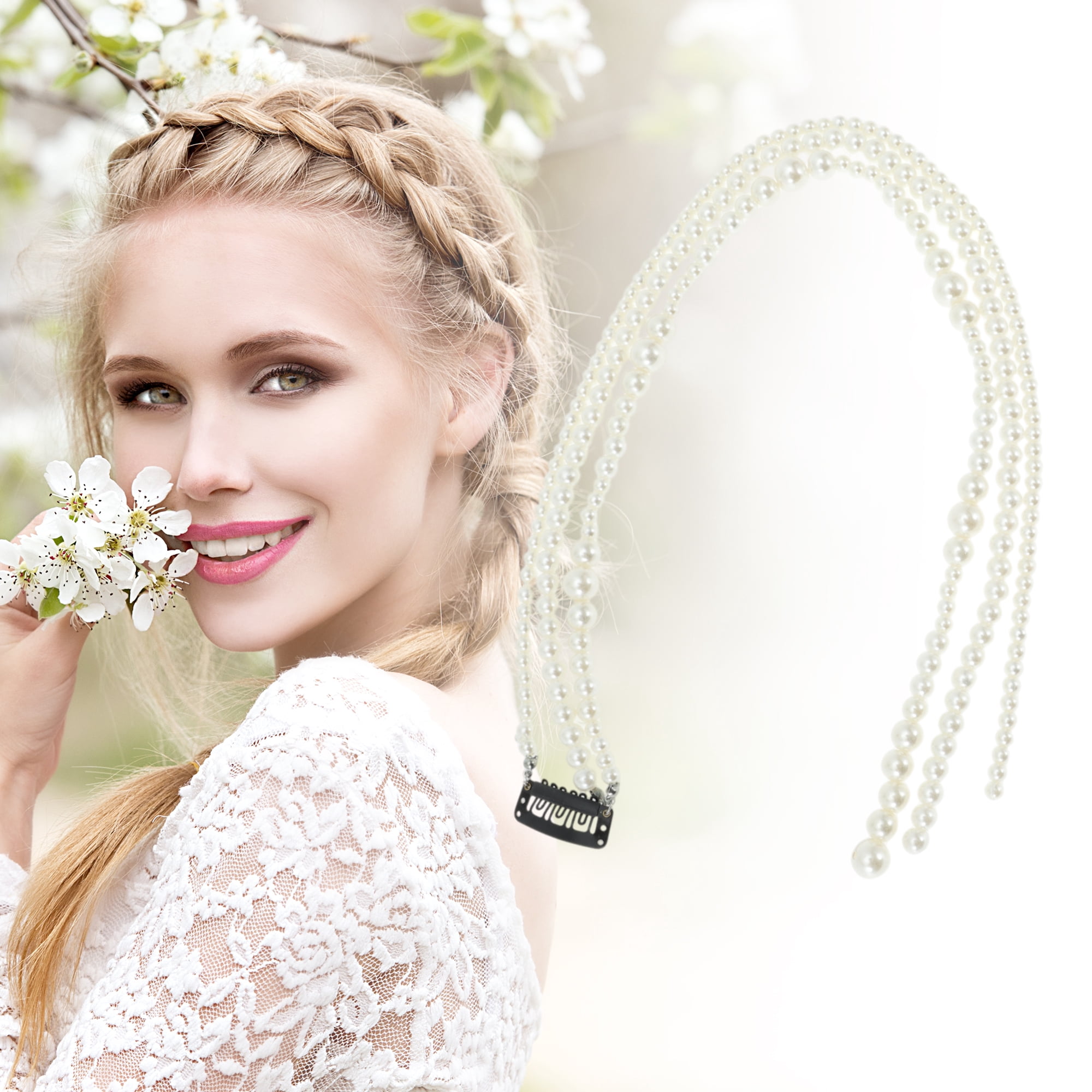 Unique Bargains Fashion Faux Pearl Braided Hair Chain for Women White 1 Pc