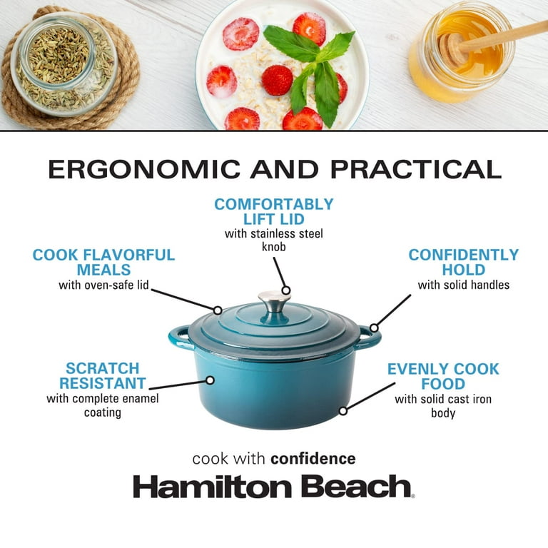 Hamilton Beach Enameled Cast Iron Sauce Pan 2-Quart Gray, Cream Enamel  coating, Pot For Stove top and Oven Cooking, Even Heat Distribution, Safe  Up to