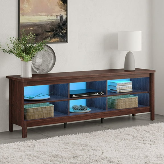 WAMPAT Farmhouse TV Stand for TVs Up to 75 inch, Brown Entertainment Center TV Console Table with 16 Color LED Lights for Living Room & Bedroom