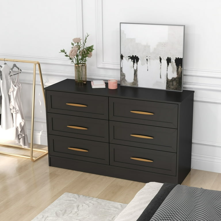 Tolead Modern 6 Drawer Tall Bedroom Dresser, Black Chest with Gold Handles,  Sturdy - Walmart.com