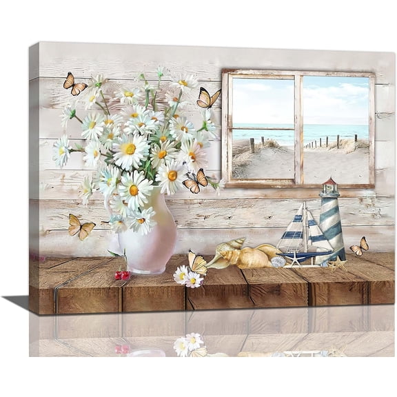 Daisy Butterflies Bathroom Wall Art Nautical Beach Pictures Rustic Floral Decor Flower Canvas Painting Seashell Decorations Framed Artwork for Bathroom Kitchen Bedroom 20"x16"