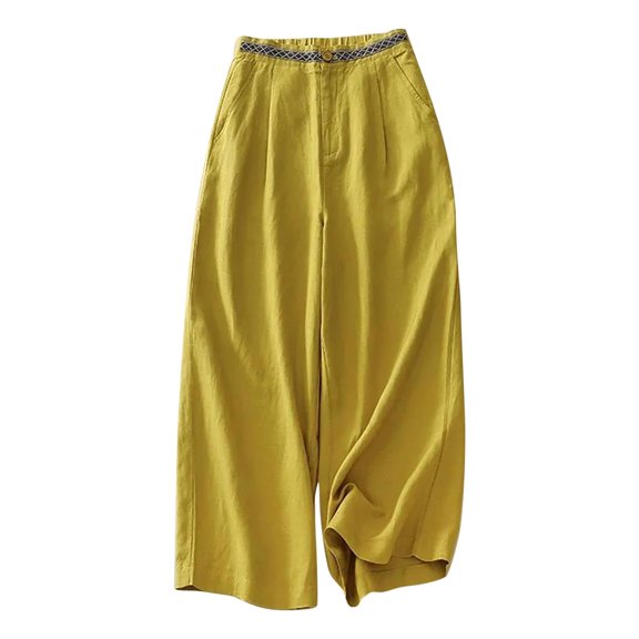 LEAVINGSUO Linen Pants for Women Plus Size Elastic Waist Ladies' Solid Color Loose Casual Straight Leg Wide Leg Pants Yellow XXXL