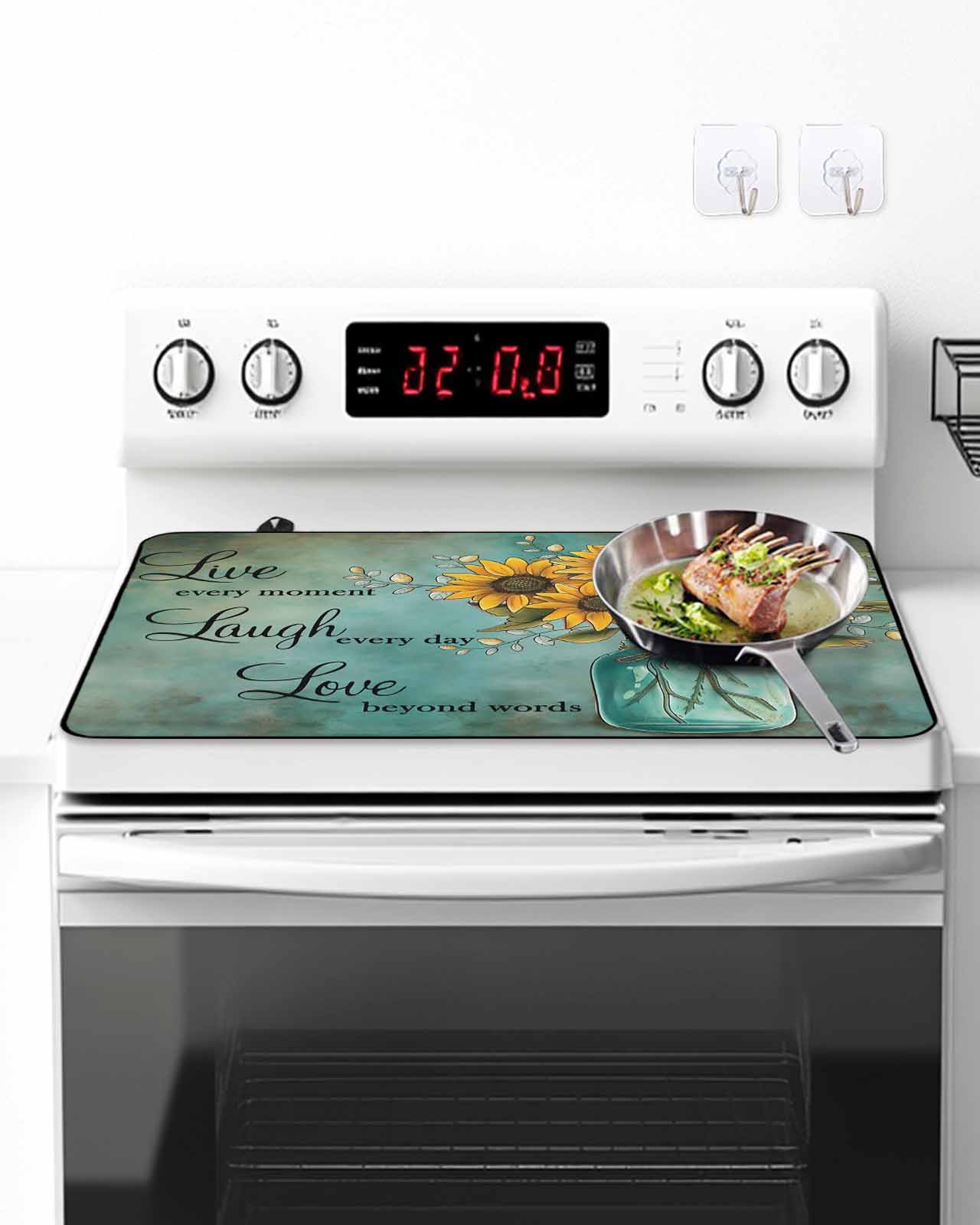 Stove Top Covers for Electric Stove, Vintage Sunflower Glass Stovetop Cover Protector, Teal Retro Summer Botanical Floral Induction Cooktop Protector Oven Mat for Kitchen Countertop 24"x21"